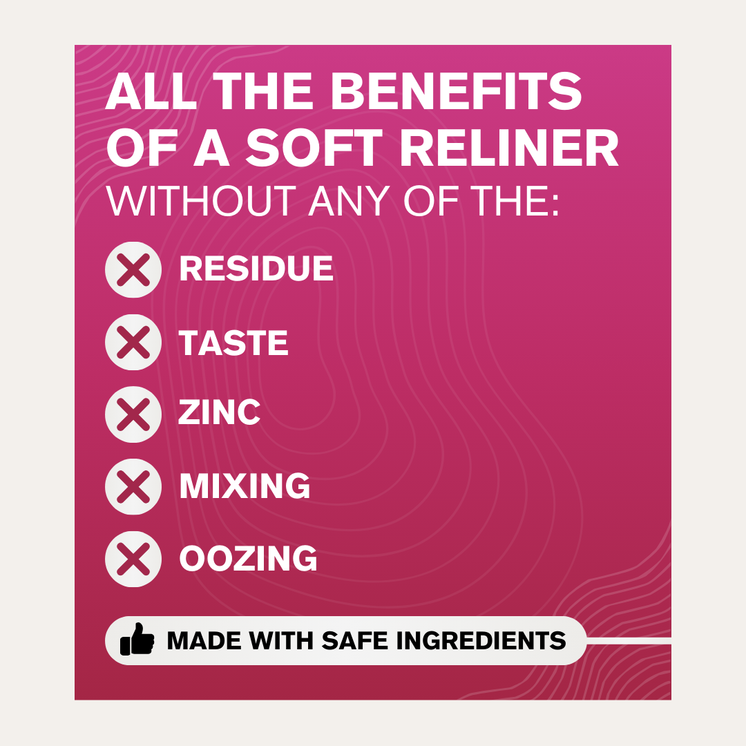 All the benefits of a soft reliner without any of the issues of a denture adhesive.