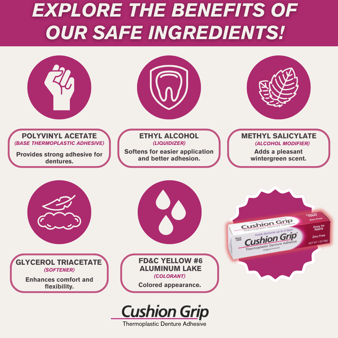 Explore the benefits of Cushion Grip’s safe, effective ingredients for a secure and comfortable denture fit.