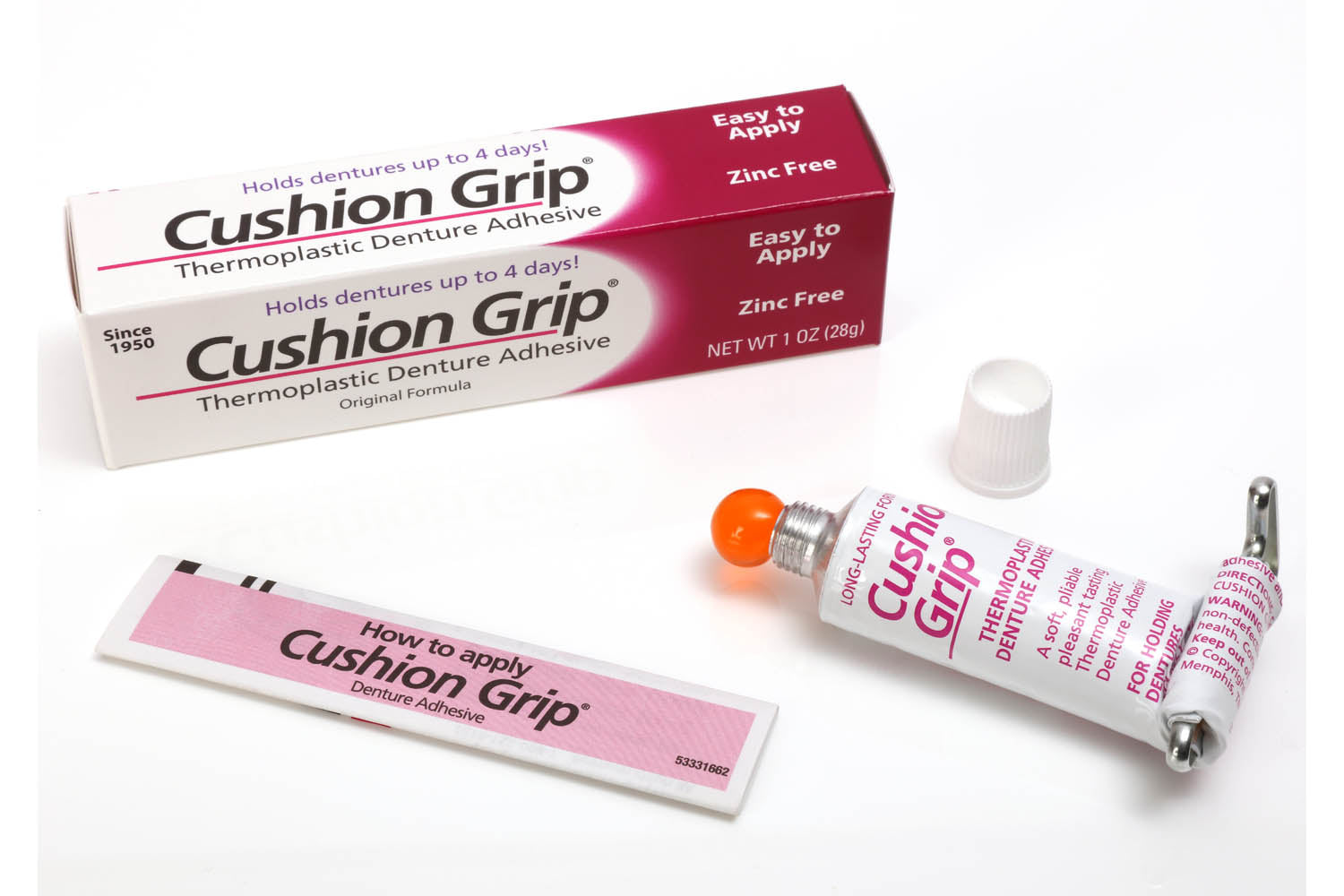 Cushion Grip Denture Adhesive combines the comfort of a soft liner with the hold of a mild adhesive for a secure, comfortable fit.