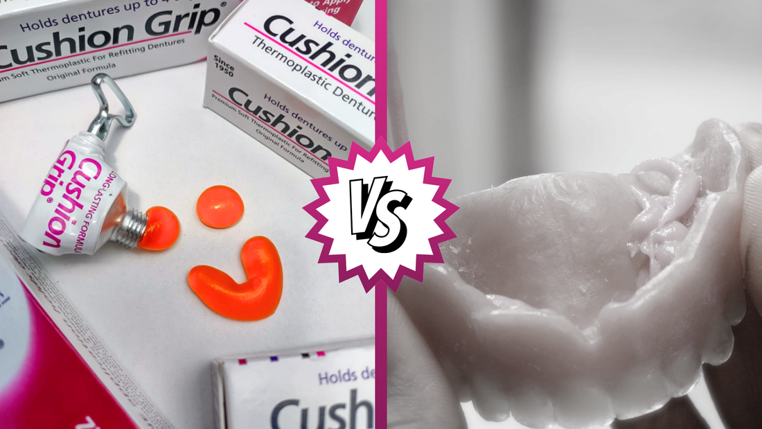 Cushion Grip thermoplastic denture adhesive vs. traditional denture glue, comparing two denture adhesive solutions for a secure fit.