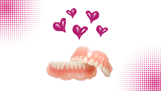 Illustration of upper and lower dentures with pink hearts above them, promoting denture confidence, self-love, and breaking the stigma of wearing dentures.