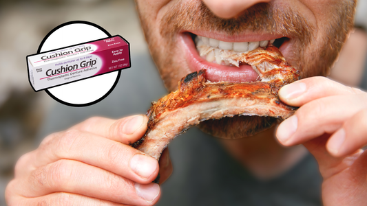 Close-up of a man eating a slice of pizza while wearing dentures, highlighting tips for eating comfortably with dentures and Cushion Grip denture adhesive.