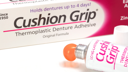 Illustration showing how Cushion Grip fills gaps between dentures and gums to help provide a secure, long-lasting fit.