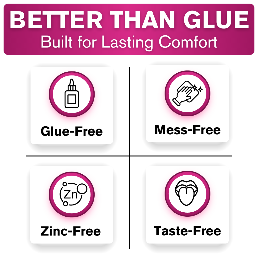 Product feature card highlighting glue-free, mess-free, zinc-free, and taste-free attributes on a white background.