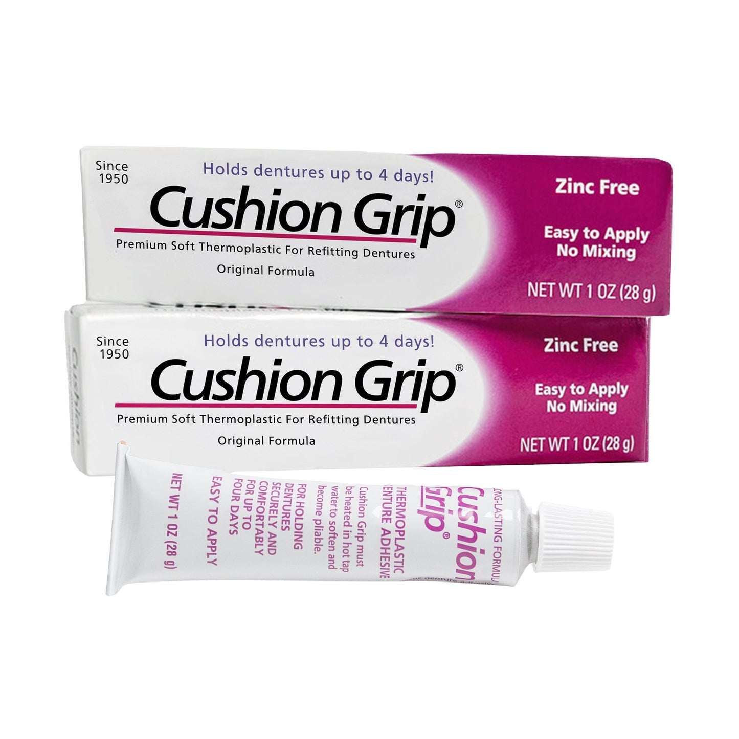 Cushion Grip denture adhesive packaging on a white background