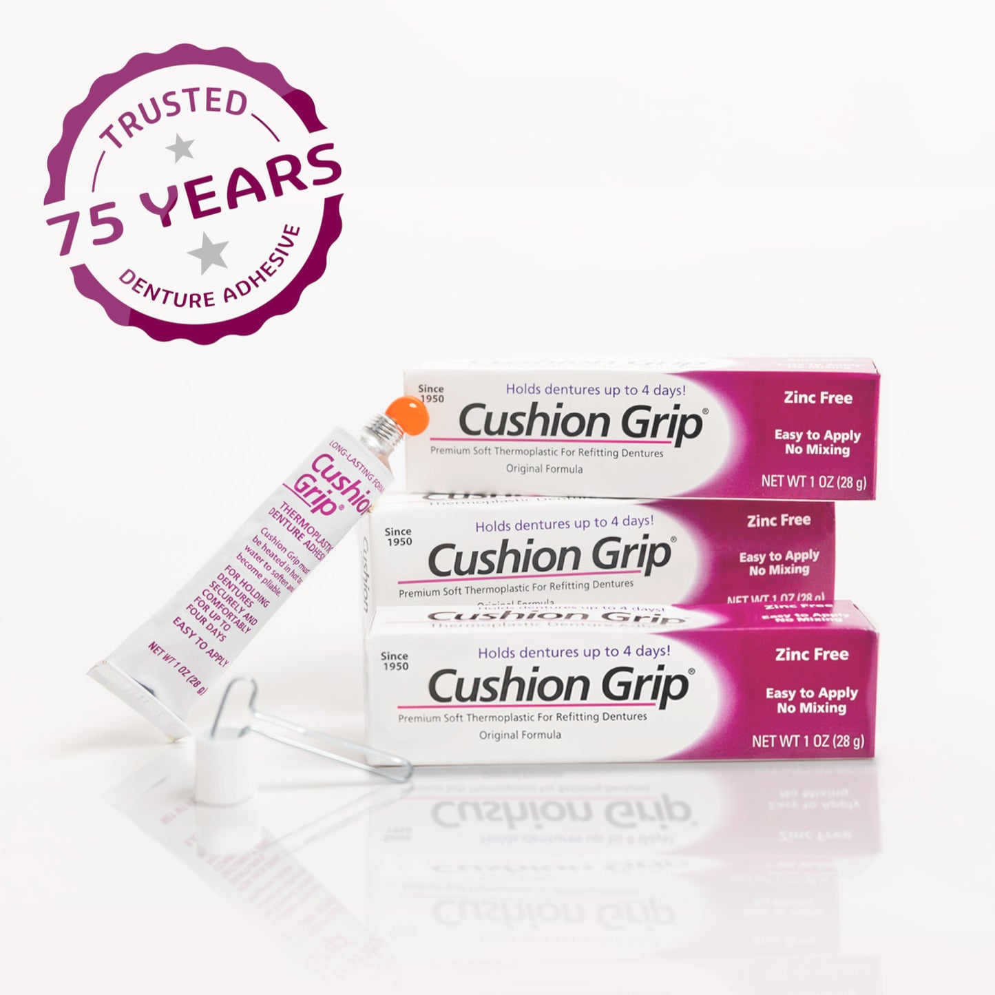 Cushion Grip denture adhesive packaging with a 75-year trust badge on a white background