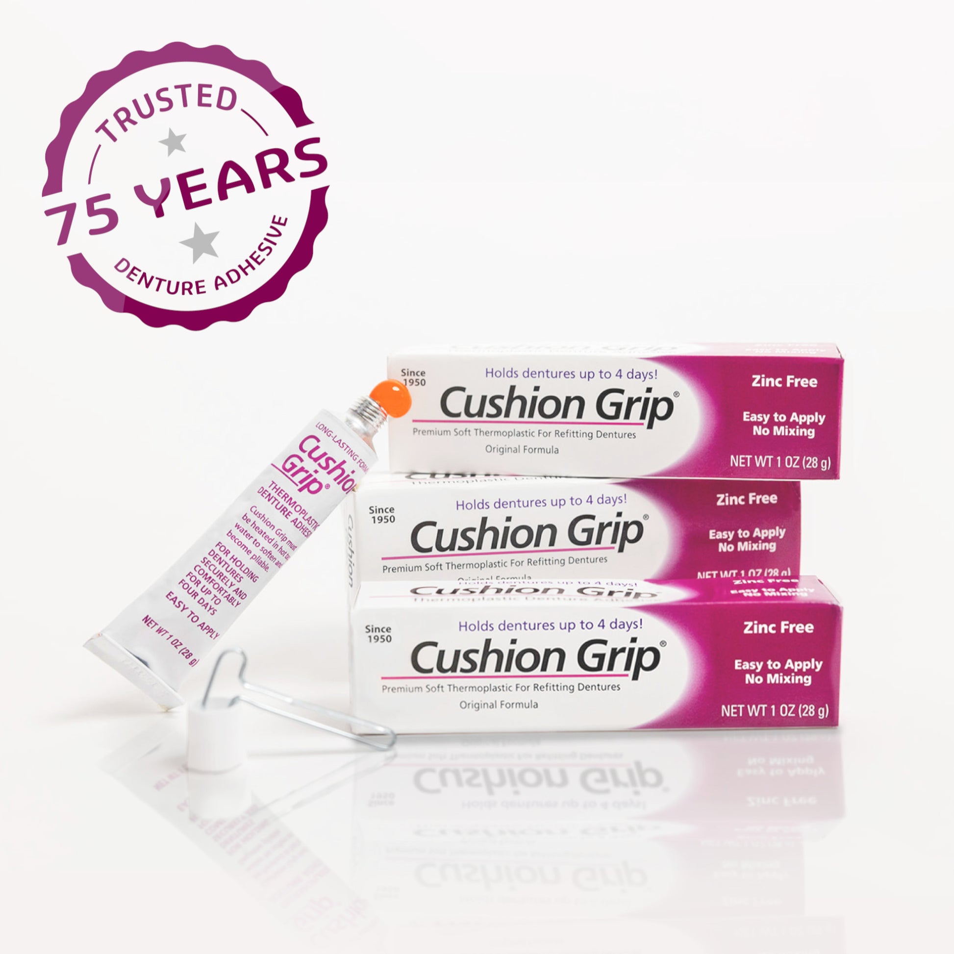 Cushion Grip denture adhesive packaging with a 75-year trust badge on a white background