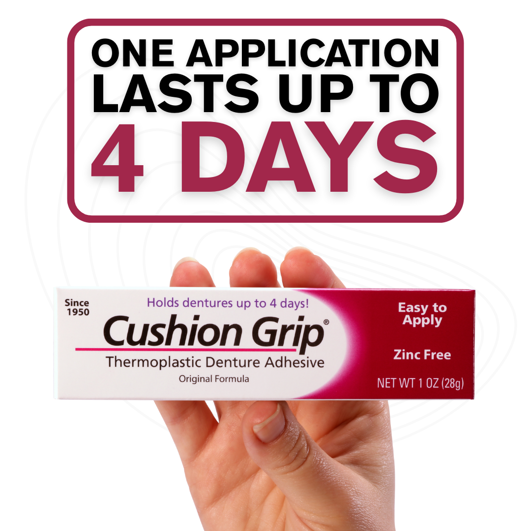 Cushion Grip denture adhesive tube held in a hand with promotional text above.
