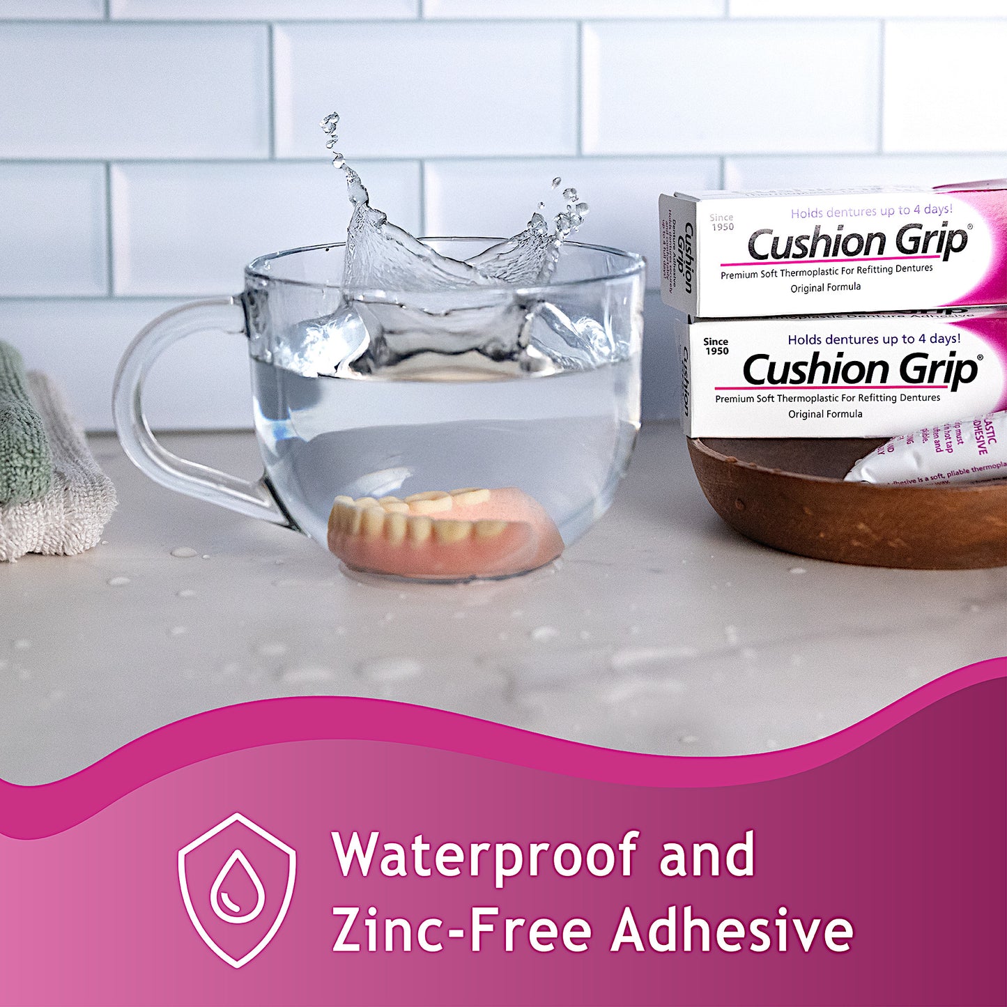 Cushion Grip Denture Adhesive 1 oz (Pack of 3) – Extra Strong 4-Day Hold, Waterproof, Zinc Free, Relieves Sore Gums, Acts Like a Soft Reliner