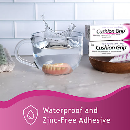 Cushion Grip Denture Adhesive 1 oz (Pack of 3) – Extra Strong 4-Day Hold, Waterproof, Zinc Free, Relieves Sore Gums, Acts Like a Soft Reliner