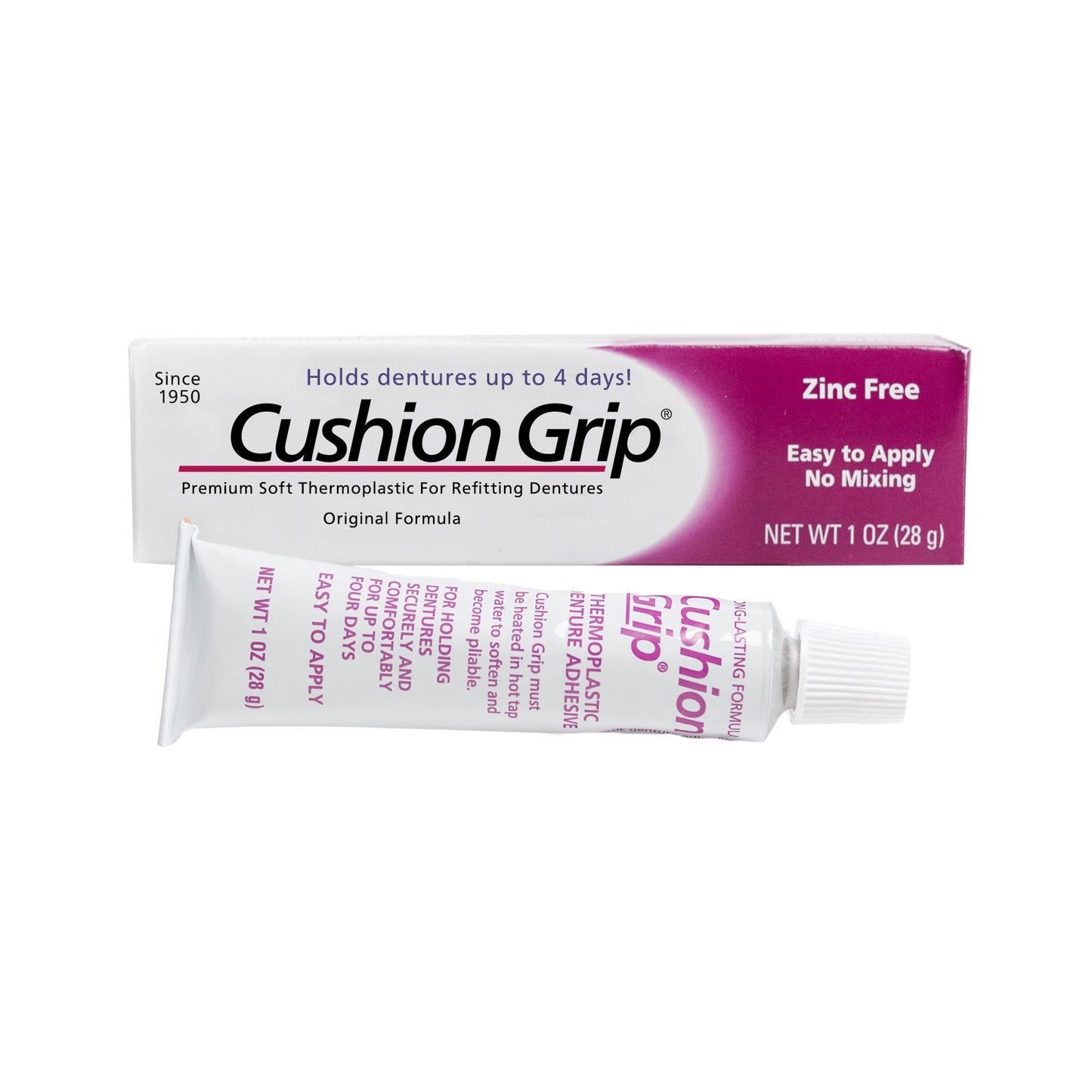 Cushion Grip Denture Adhesive 1 oz – Extra Strong 4-Day Hold, Waterproof, Zinc Free, Relieves Sore Gums, Acts Like a Soft Reliner