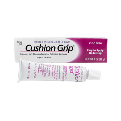 Cushion Grip Denture Adhesive 1 oz – Extra Strong 4-Day Hold, Waterproof, Zinc Free, Relieves Sore Gums, Acts Like a Soft Reliner