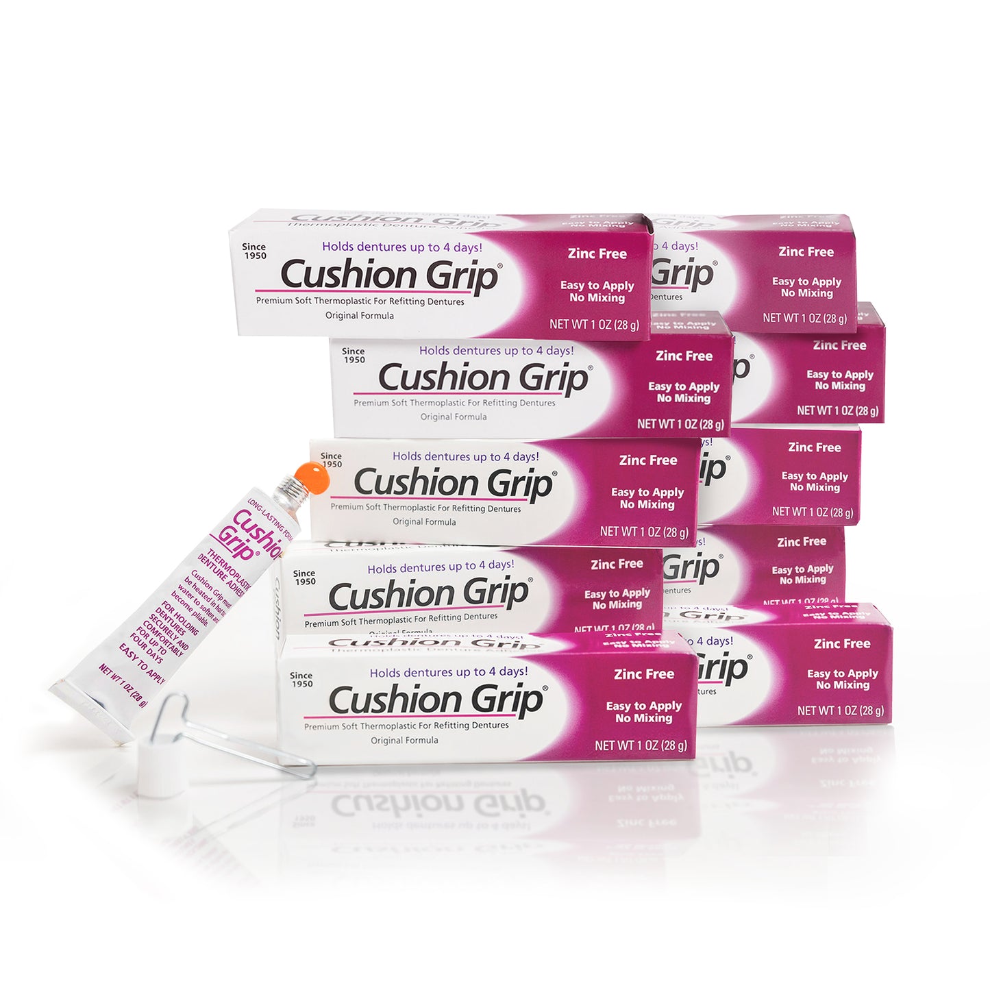 Multiple boxes of Cushion Grip dental floss on a white background