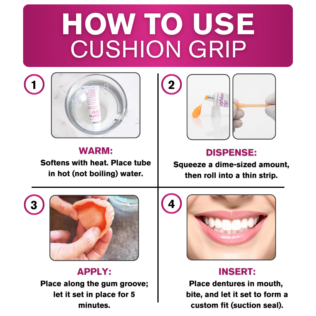 Instructions on how to use a cushion grip for dentures with step-by-step images and text.
