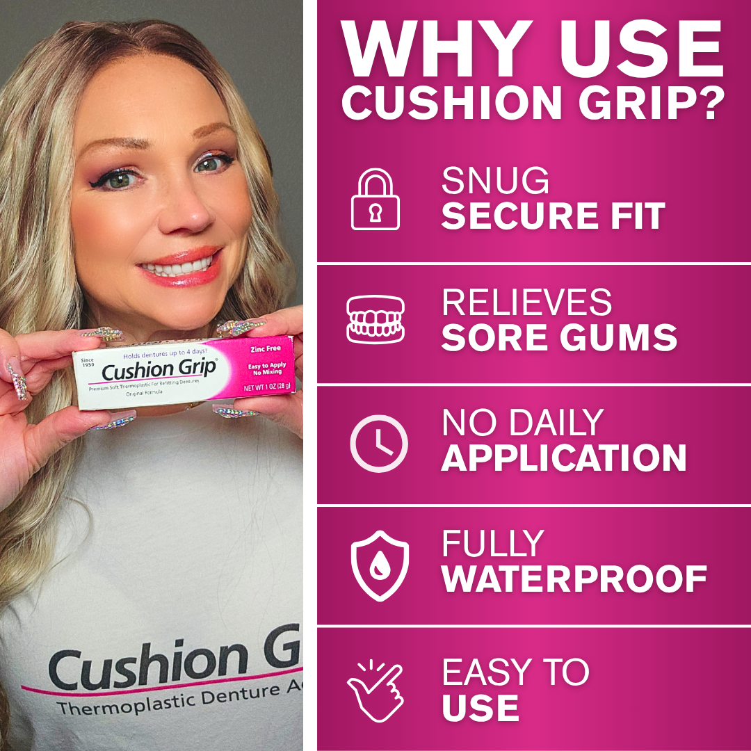 Brand advocate holding a cushion grip thermoplastic denture adhesive product. Benefits of cushion grip for dentures