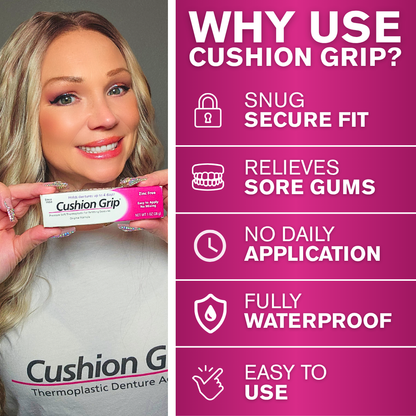 Brand advocate holding a box of Cushion Grip with benefits listed on a pink background