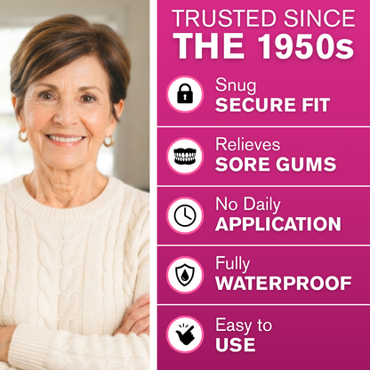Promotional graphic with a smiling older woman on the left and a bright pink text panel on the right listing product benefits: trusted since the 1950s, snug secure fit, relieves sore gums, no daily application, fully waterproof, and easy to use.
