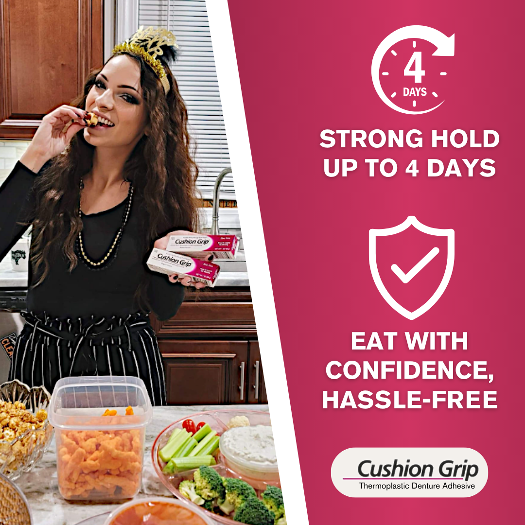 Woman in a kitchen holding a tube of Cushion Grip adhesive with product packaging and food items on the counter.