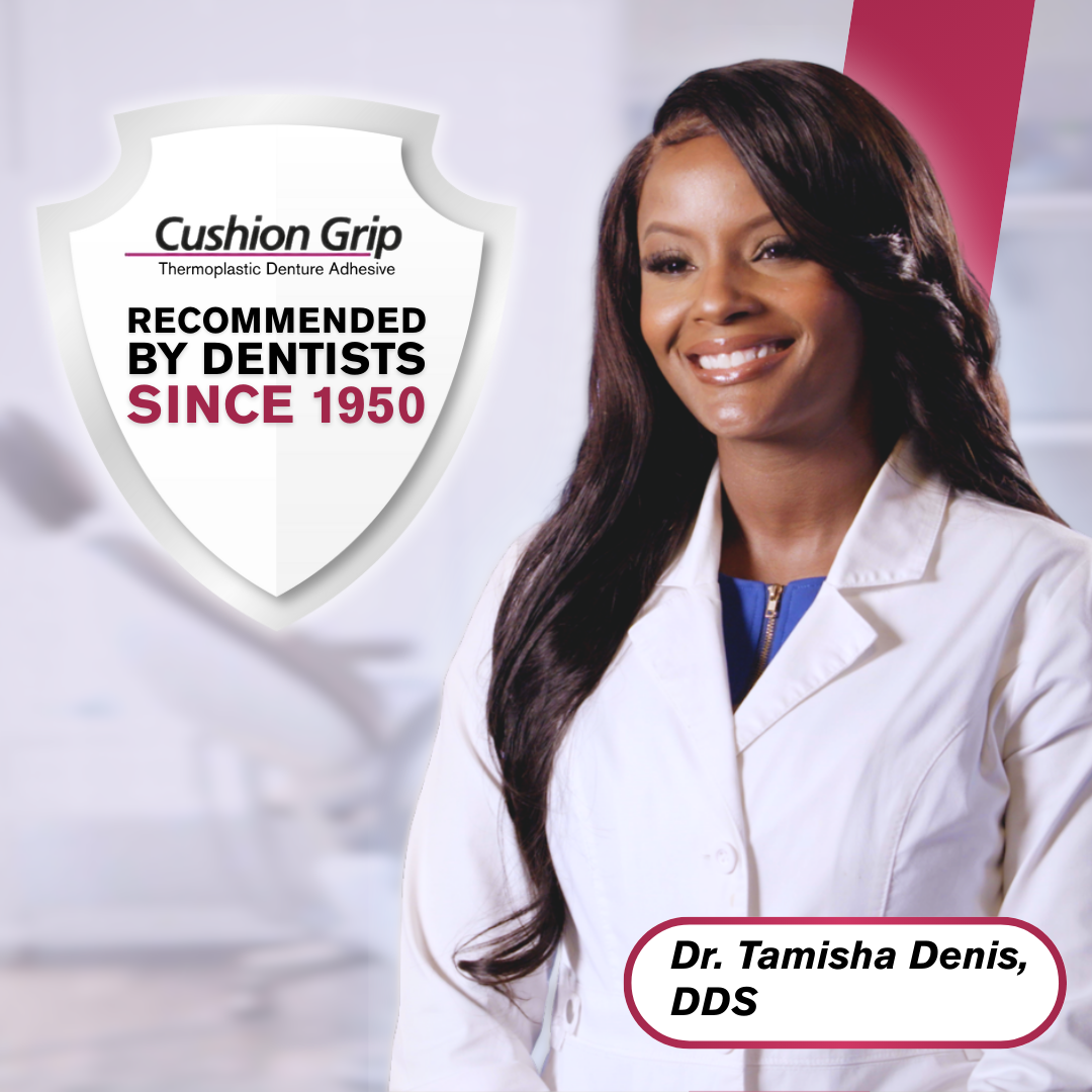 Woman in a white coat with 'Cushion Grip' branding and text about dentists recommending it since 1950.