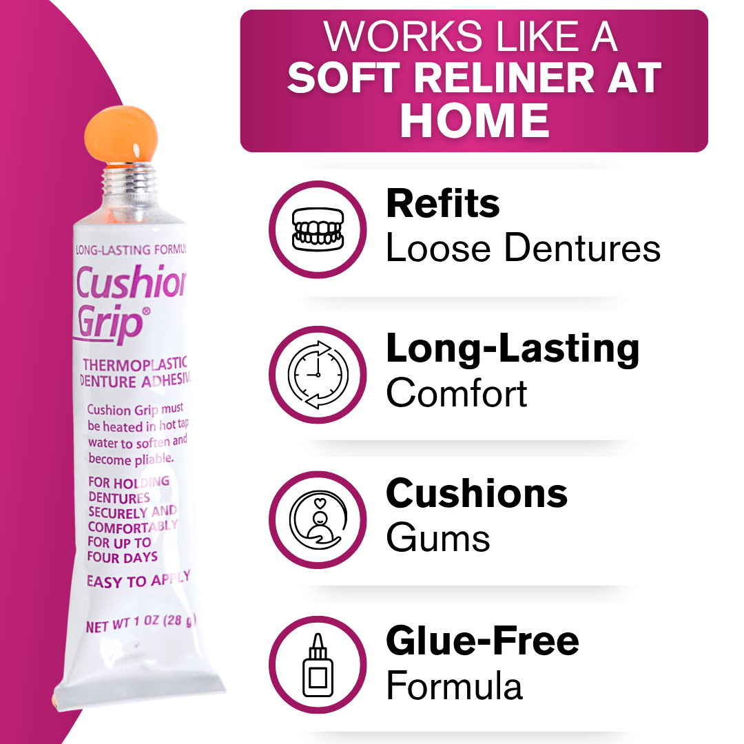 Cushion Grip denture adhesive packaging with features listed on a white background