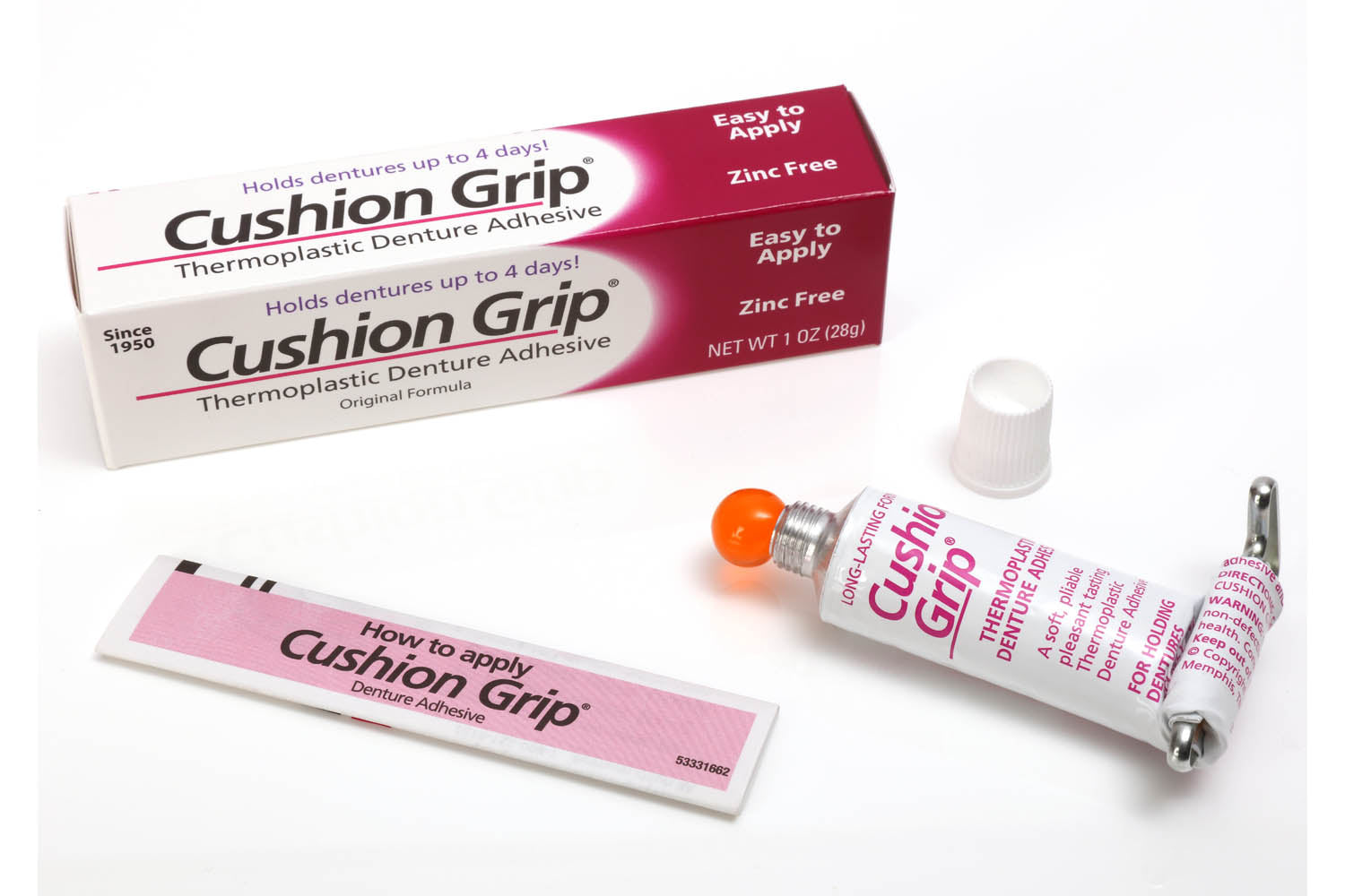 The Cushion Grip Denture Adhesive combines a soft liner and a mild adhesive.