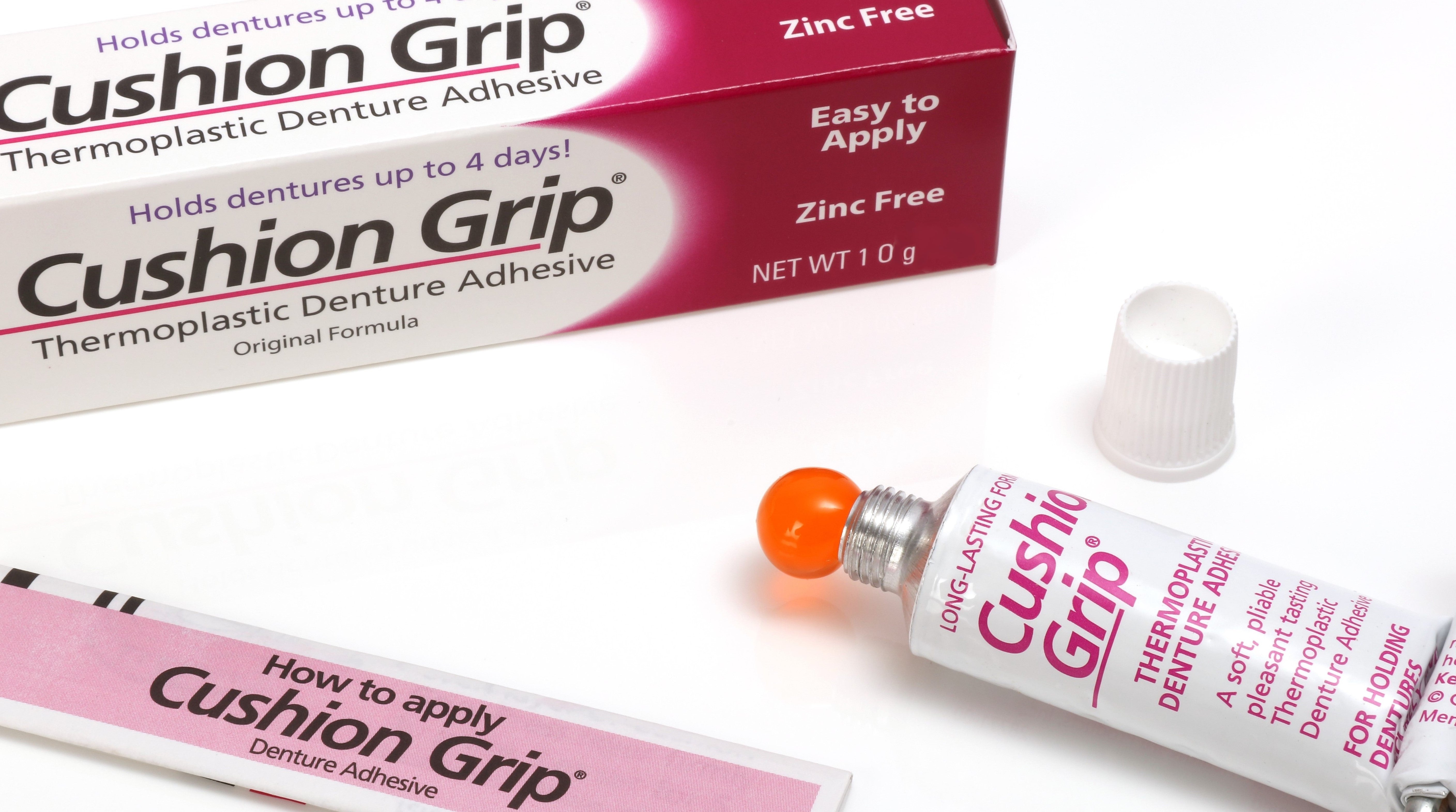 The Cushion Grip Denture Adhesive combines a soft liner and a mild adhesive.